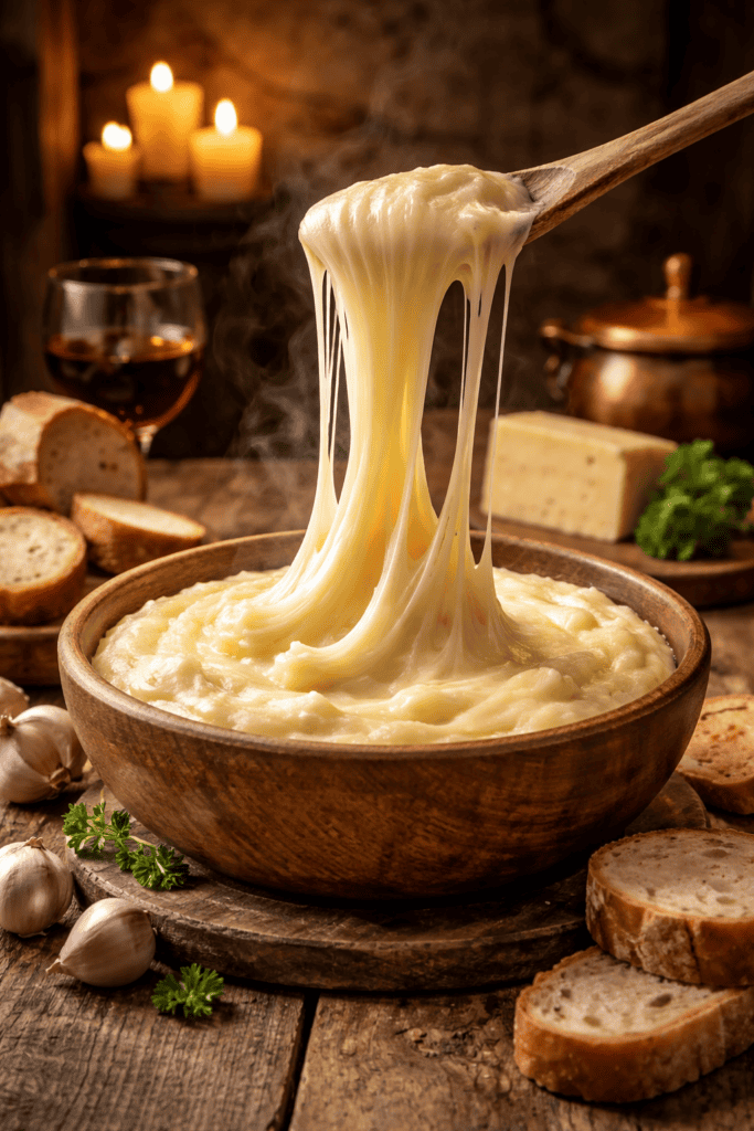 Aligot filant dans un bol en bois dans une ambiance de taverne rustique à Chaudes-Aigues