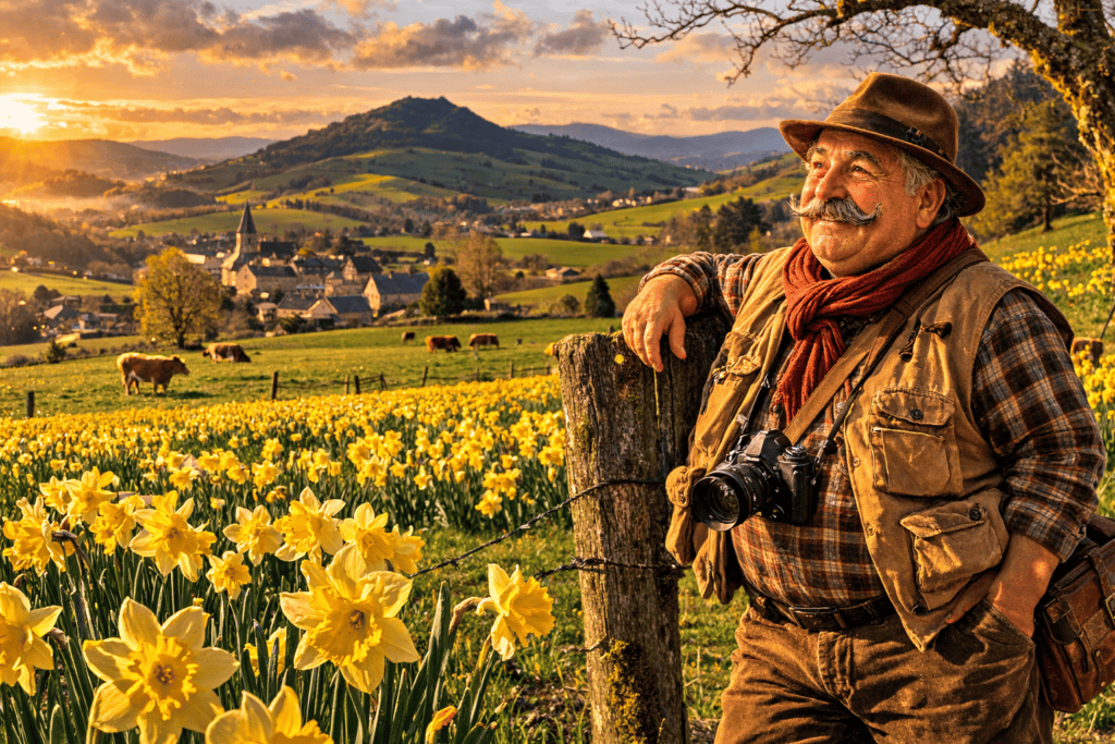 homme moustachu dans paysage Aubrac près Chaudes-Aigues vue village fleurs et montagne