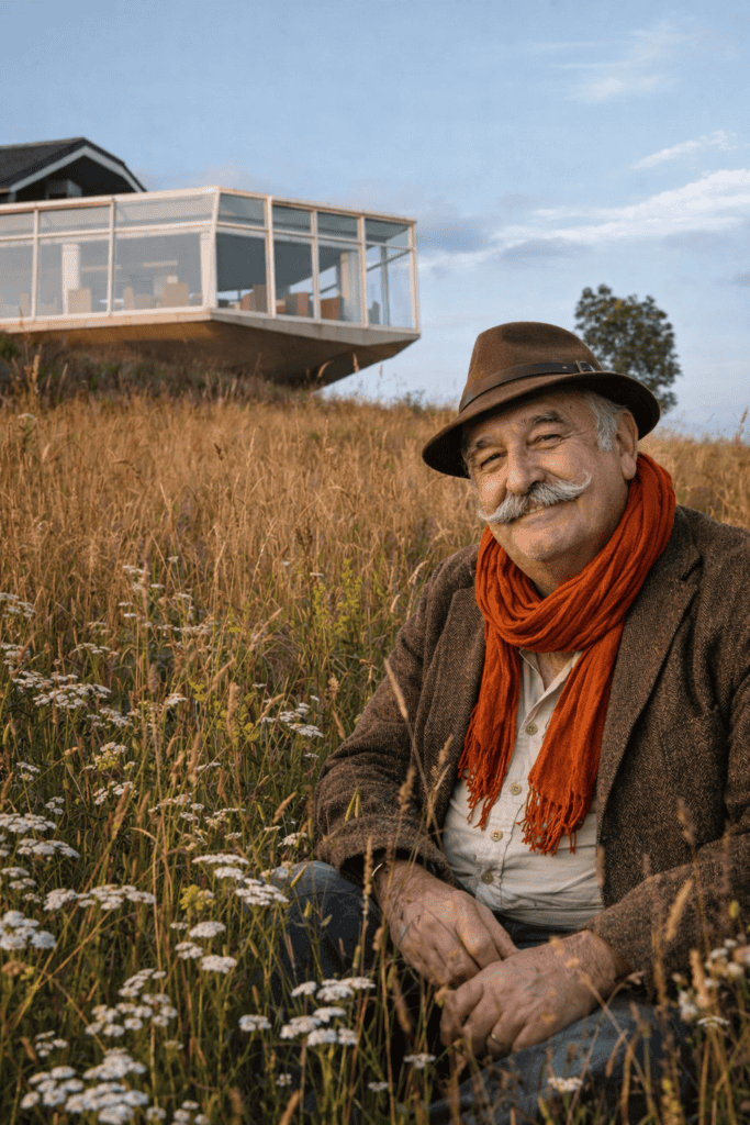 homme assis dans herbes aubrac près chaudes-aigues paysage cantal nature