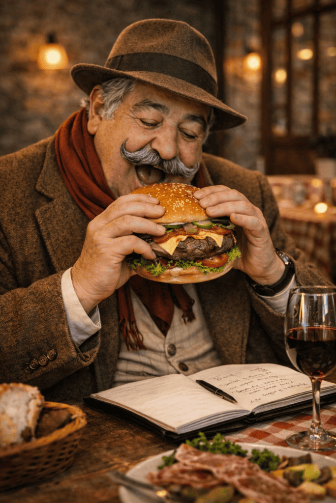 homme mange burger viande Aubrac dans restaurant à Chaudes-Aigues