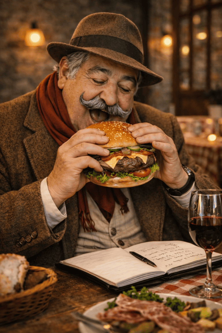 homme mange burger viande Aubrac dans restaurant à Chaudes-Aigues