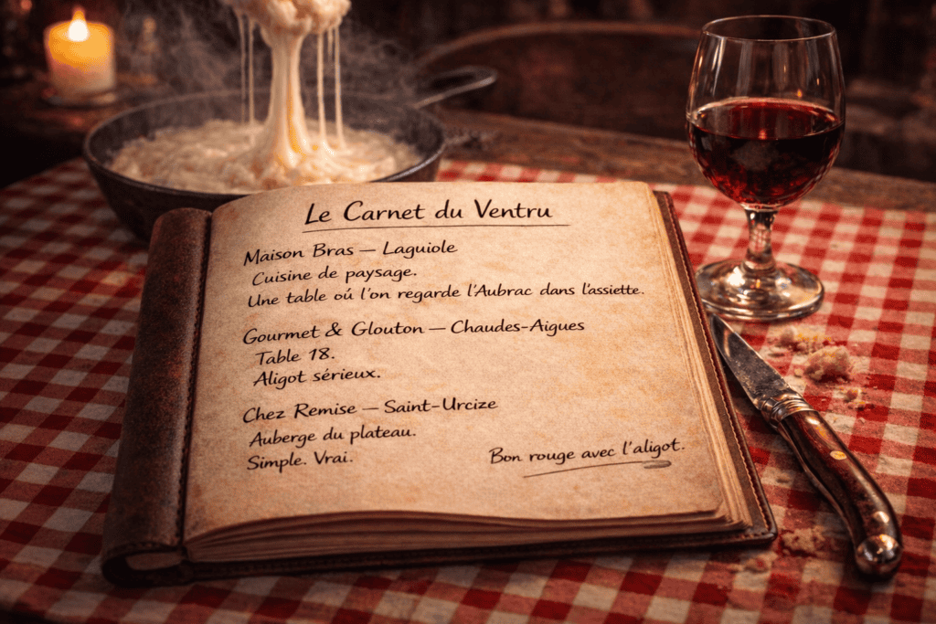 Carnet du Ventru avec notes de restaurants de l’Aubrac et de Chaudes-Aigues posé sur une table avec aligot et verre de vin