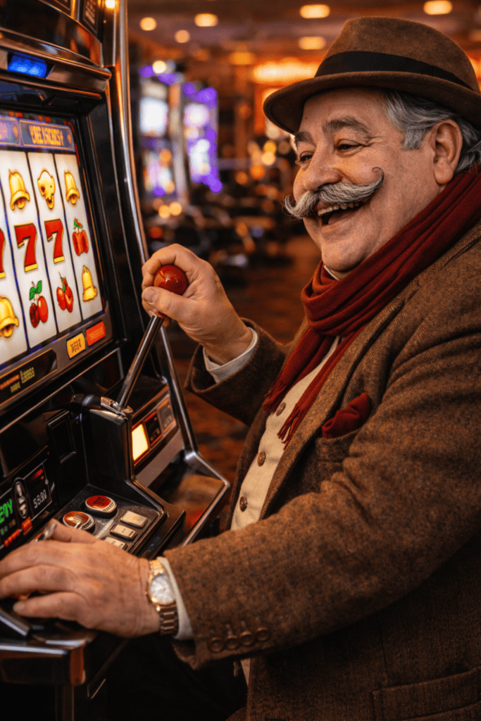 homme moustachu joue au bandit manchot dans casino à Chaudes-Aigues ambiance soirée