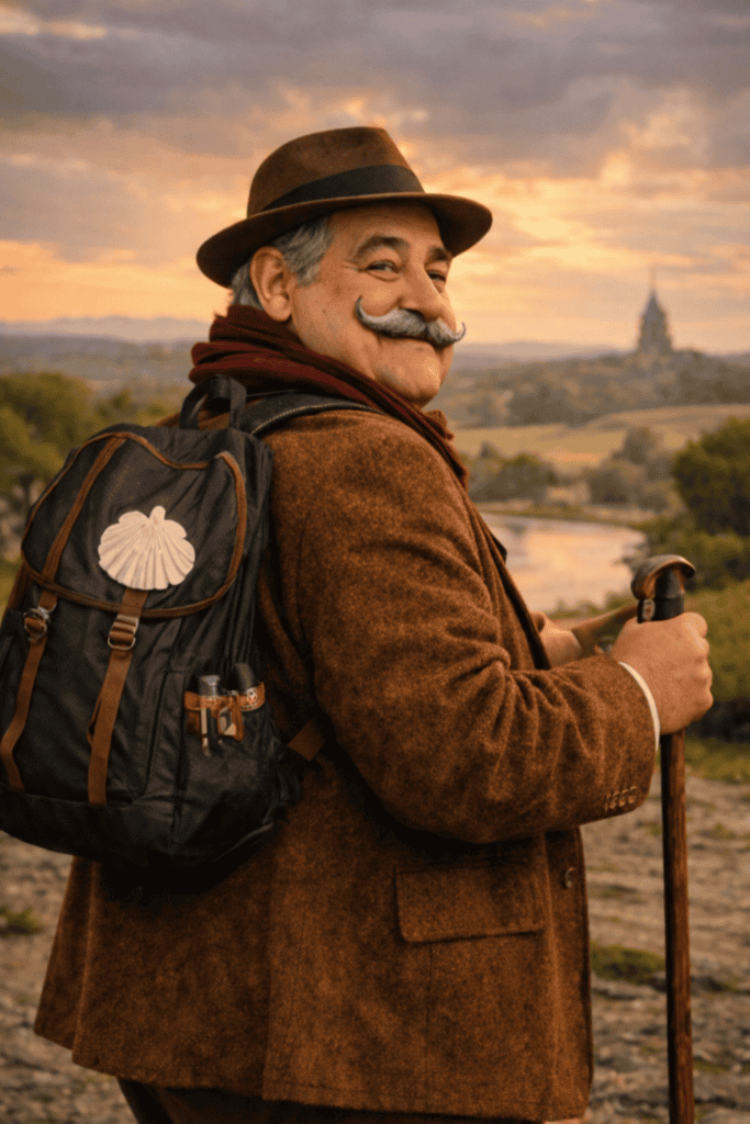 homme marcheur sur le chemin de Saint Jacques à Chaudes-Aigues avec sac à dos coquille pèlerin