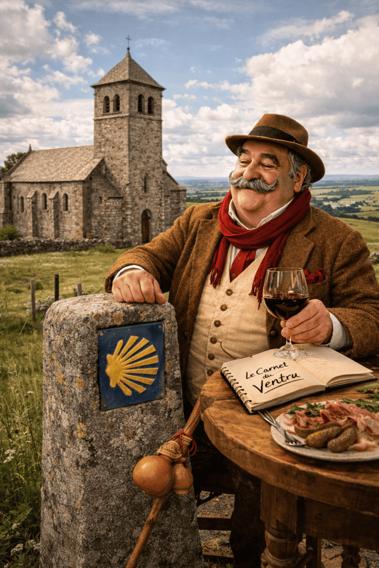 homme moustachu sur le chemin de Saint Jacques à Chaudes-Aigues mange repas terroir près borne pèlerin