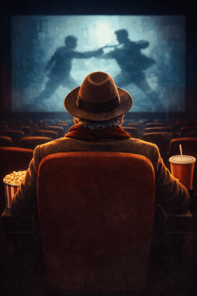 homme de dos dans salle de cinéma à Chaudes-Aigues regarde un film ambiance soirée