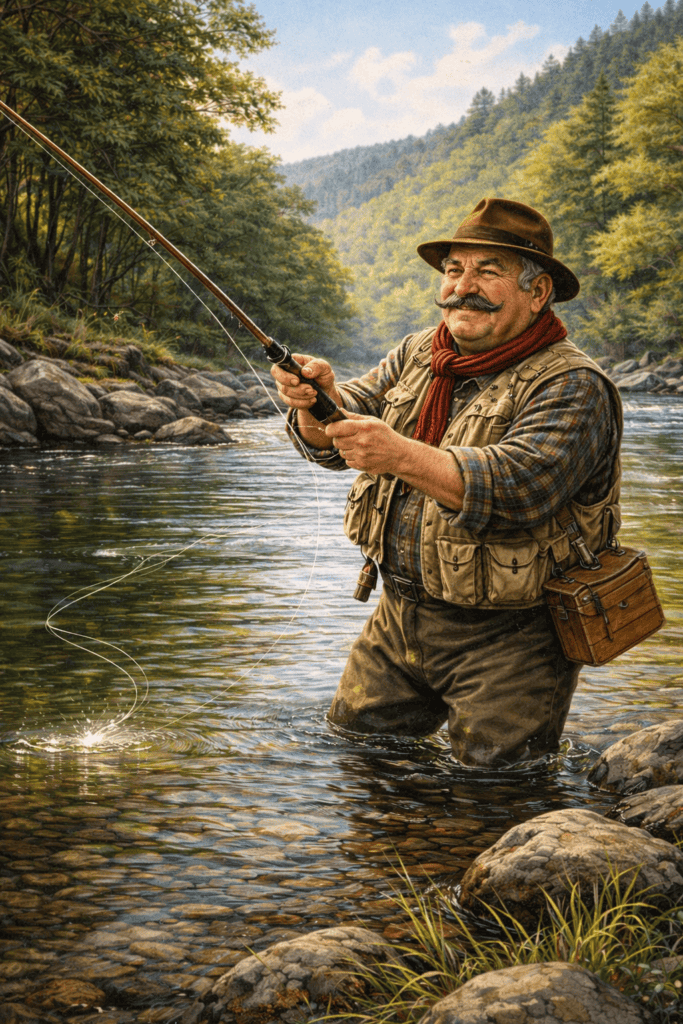 homme pêche à la mouche dans rivière Aubrac près Saint Urcize truite pêcheur