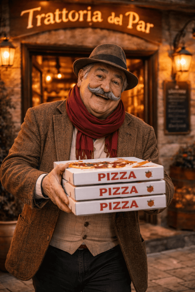 homme sortant d’une pizzeria à Chaudes-Aigues avec boites de pizza à emporter devant trattoria