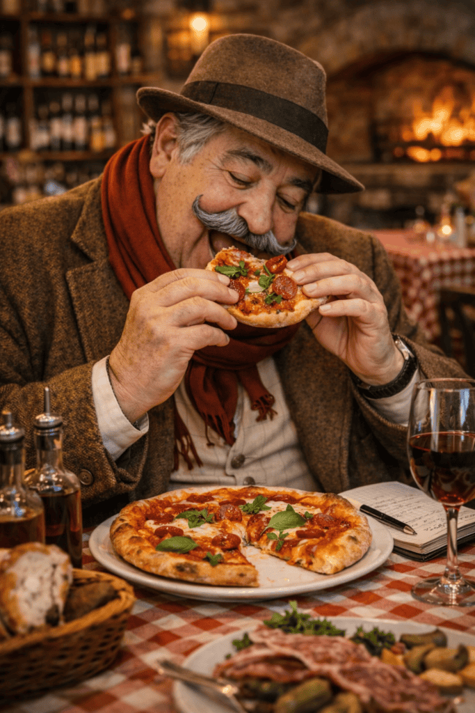homme mange pizza au feu de bois dans une pizzeria à Chaudes-Aigues ambiance trattoria