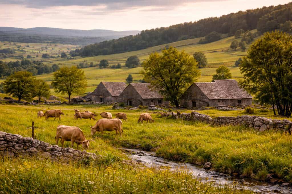 paysage du plateau de l’Aubrac près de Chaudes-Aigues avec burons et vaches aubrac