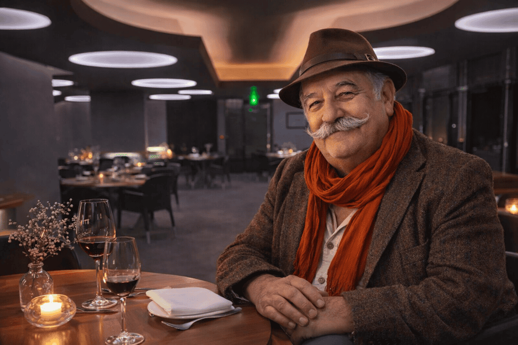 homme attablé restaurant gastronomique aubrac ambiance élégante cuisine cantal