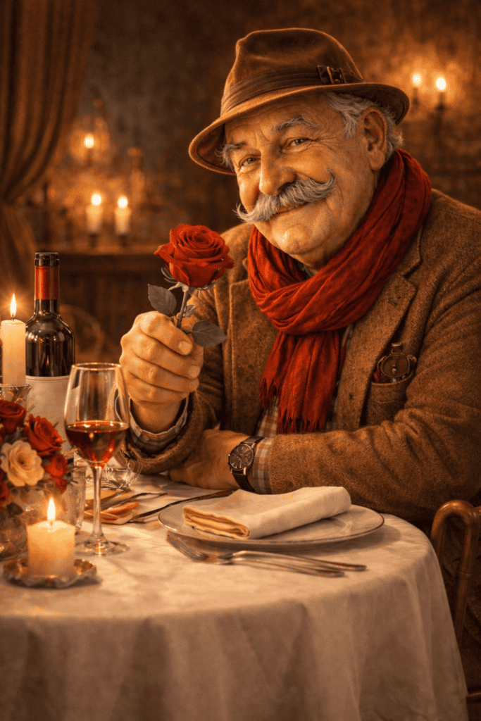 Homme âgé tenant une rose rouge à table dans un restaurant romantique à Chaudes-Aigues ambiance chaleureuse aux chandelles