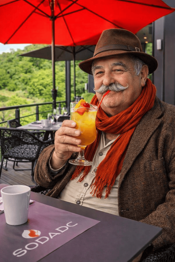 homme boit cocktail en terrasse restaurant à Chaudes-Aigues vue aubrac
