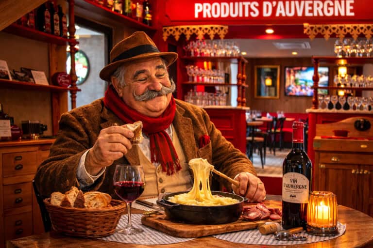 homme mange aligot dans restaurant typique auvergnat à Chaudes-Aigues ambiance bistrot