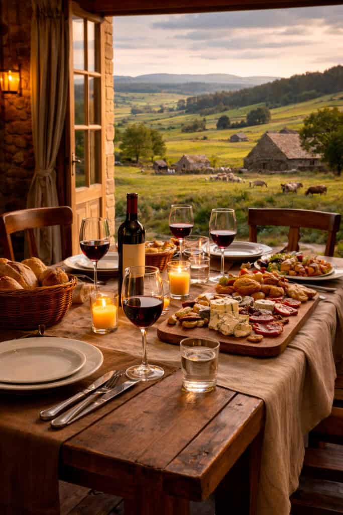 table de restaurant dressée sur l'Aubrac près de Chaudes-Aigues avec vue sur les burons et les prairies du plateau