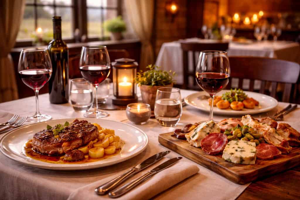 table de restaurant semi gastronomique sur l’aubrac près de chaudes-aigues avec cuisine de terroir et ambiance chaleureuse