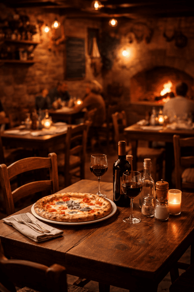 Ambiance de trattoria pizzeria à Chaudes-Aigues avec pizza et vin dans un restaurant chaleureux
