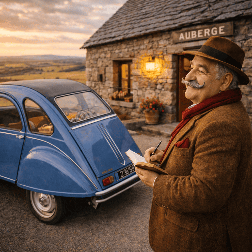 Le Ventru avec sa 2CV devant une auberge de l’Aubrac