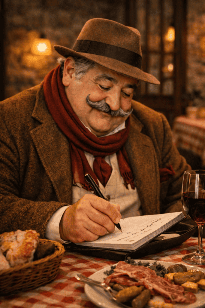 Le Ventru écrivant dans son carnet après avoir testé un restaurant à Chaudes-Aigues