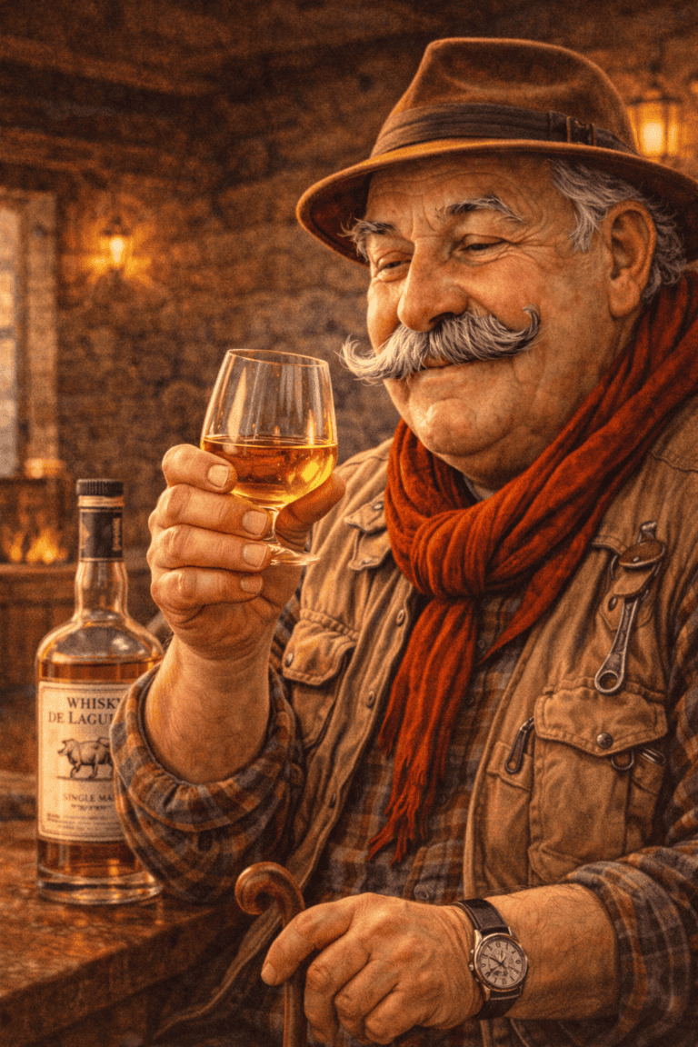 Le Ventru dégustant un verre dans un cadre rustique du Cantal près de Chaudes-Aigues, ambiance auberge et terroir