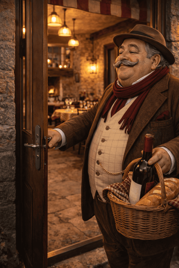 Le Ventru entrant dans un restaurant de l’Aubrac avec une bouteille de vin et du pain