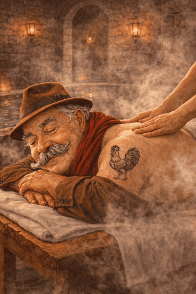 Le Ventru profitant d’un massage aux thermes de Chaudes-Aigues dans une ambiance vapeur et pierre, dans le Cantal