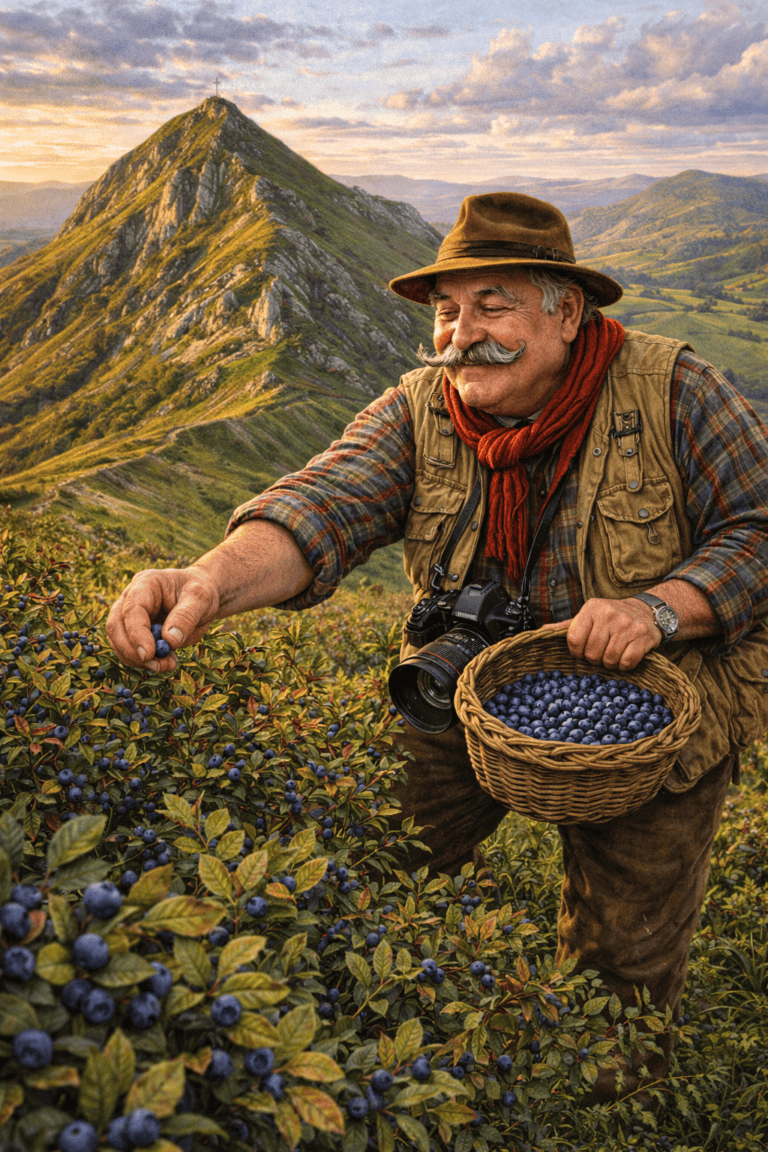 Le Ventru cueille des myrtilles sauvages sur l’Aubrac pour préparer une tarte aux myrtilles près de Chaudes-Aigues