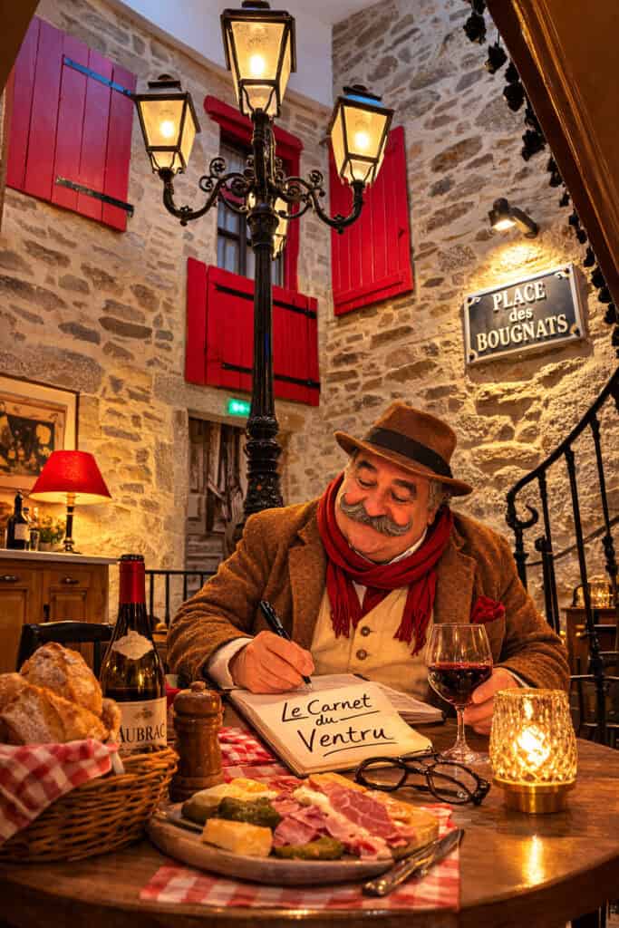 Le Ventru écrivant dans son carnet à la place des Bougnats à Chaudes-Aigues, sous un réverbère venu de la place de la Bastille chez Gourmet & Glouton