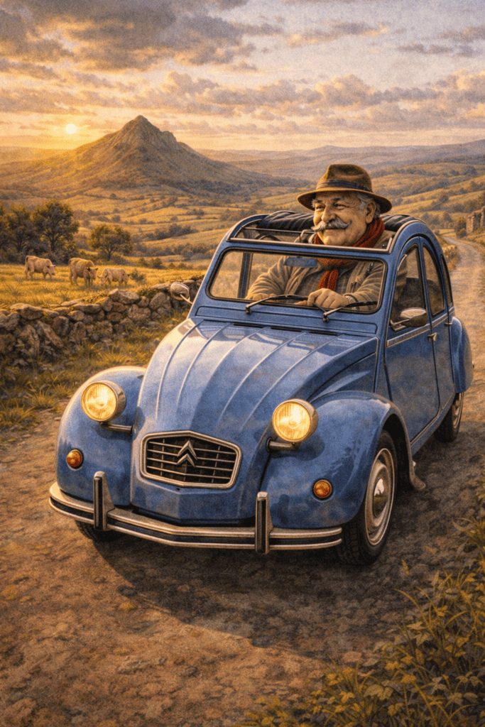 Le Ventru conduisant sa 2CV sur les routes du plateau de l’Aubrac