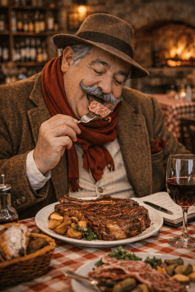 homme mange viande Aubrac dans restaurant à Chaudes-Aigues côte de bœuf cuisson feu