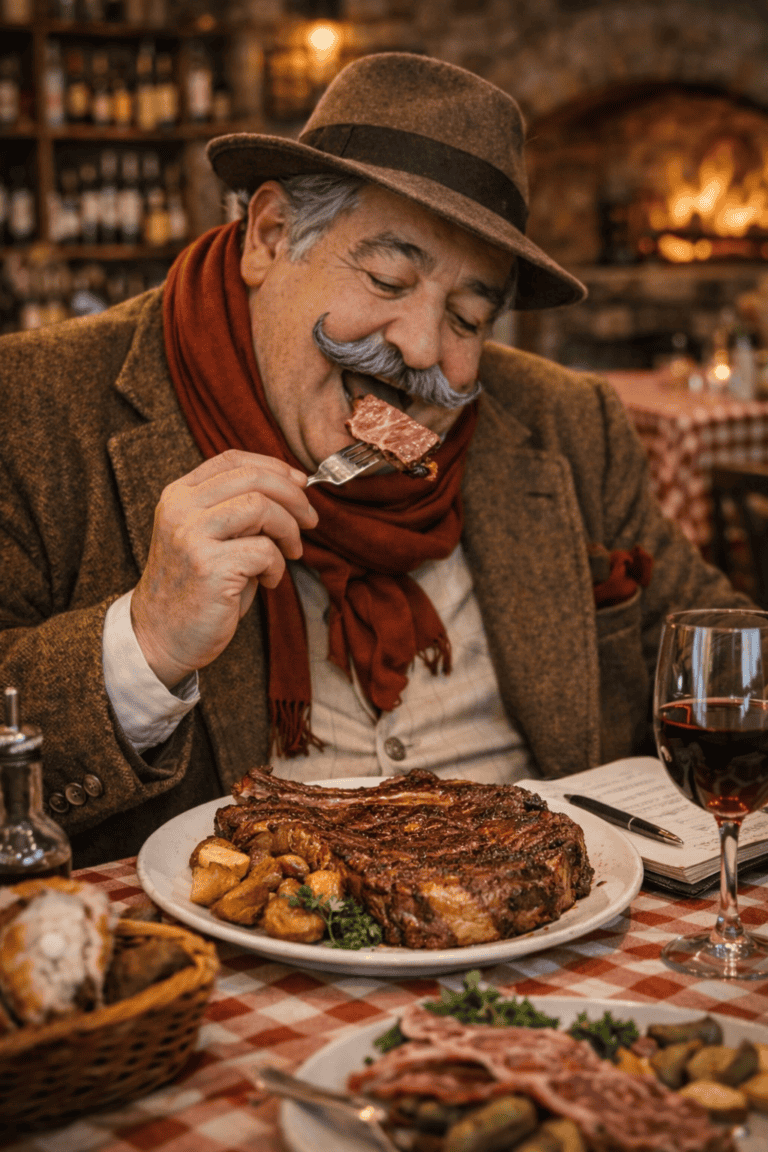 homme mange viande Aubrac dans restaurant à Chaudes-Aigues côte de bœuf cuisson feu