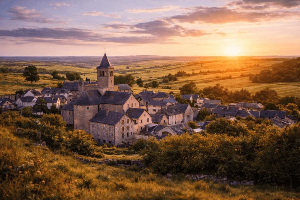 Village du plateau de l’Aubrac dans les paysages du Cantal