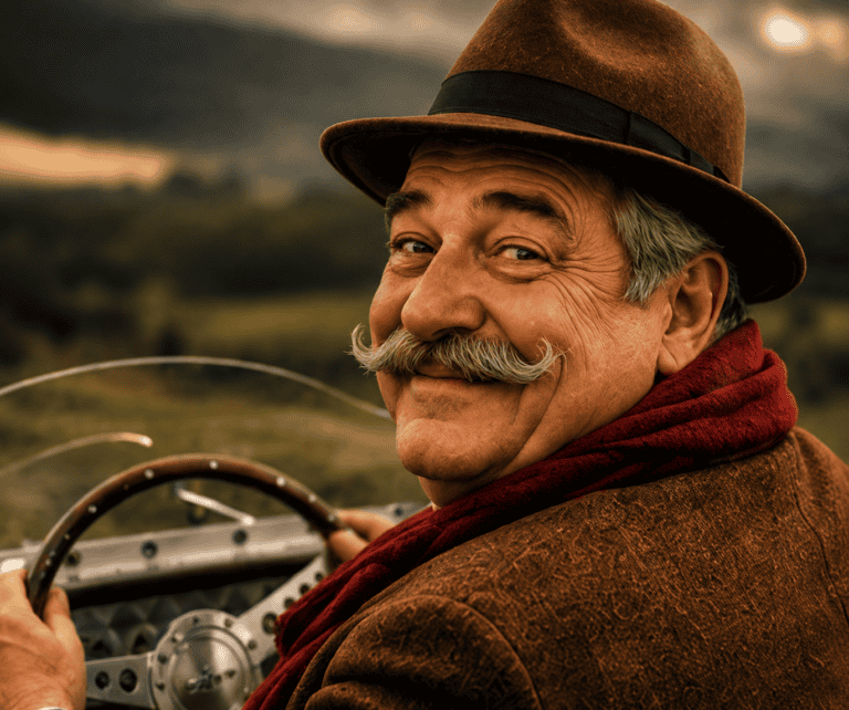 Le Ventru au volant d’une voiture vintage sur les routes de l’Aubrac entre Cantal et Lozère