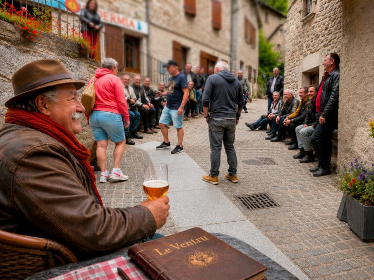 Le Ventru observe l'arrivée de Loïc Ballet et de l'équipe de Télématin dans le quartier du Par à Chaudes-Aigues.