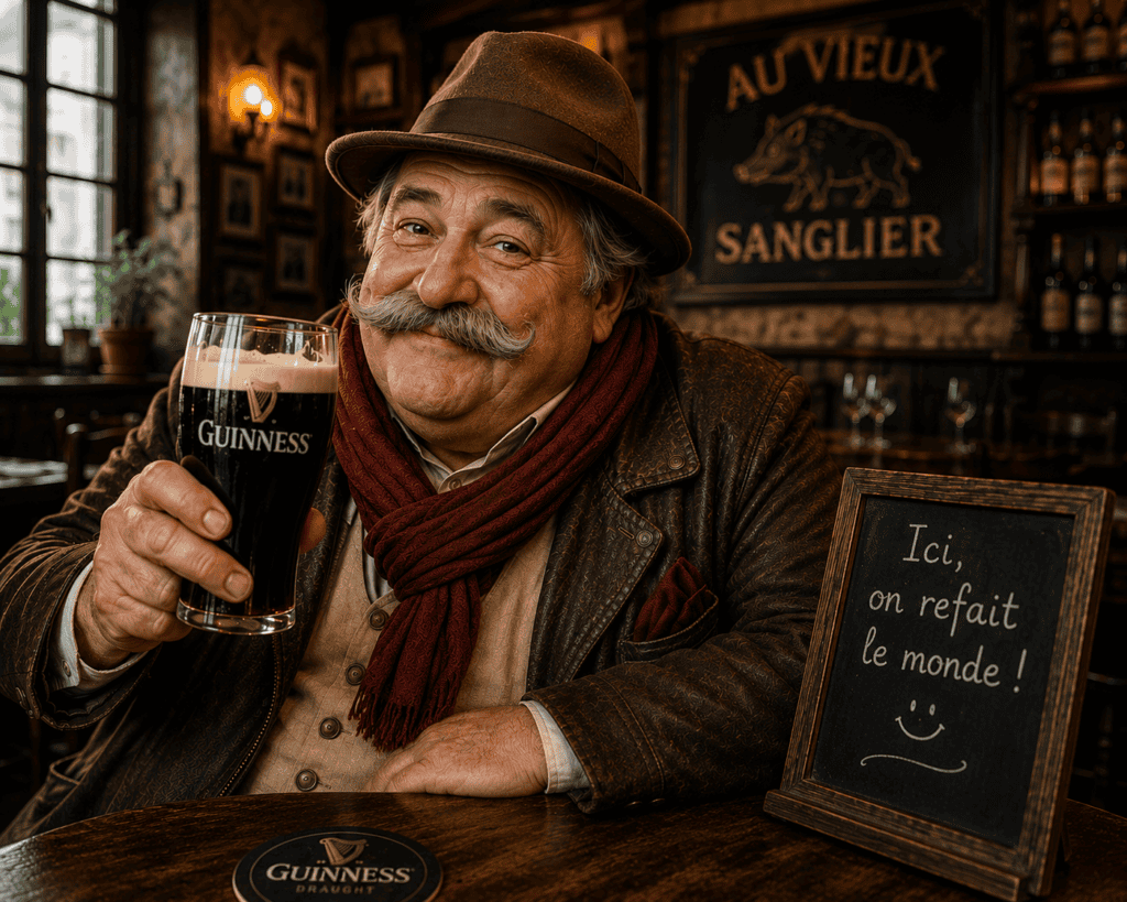 Le Ventru dégustant une Guinness au Vieux Sanglier, pub inspiré des cafés populaires et des traditions de convivialité entre l’Irlande et l’Auvergne