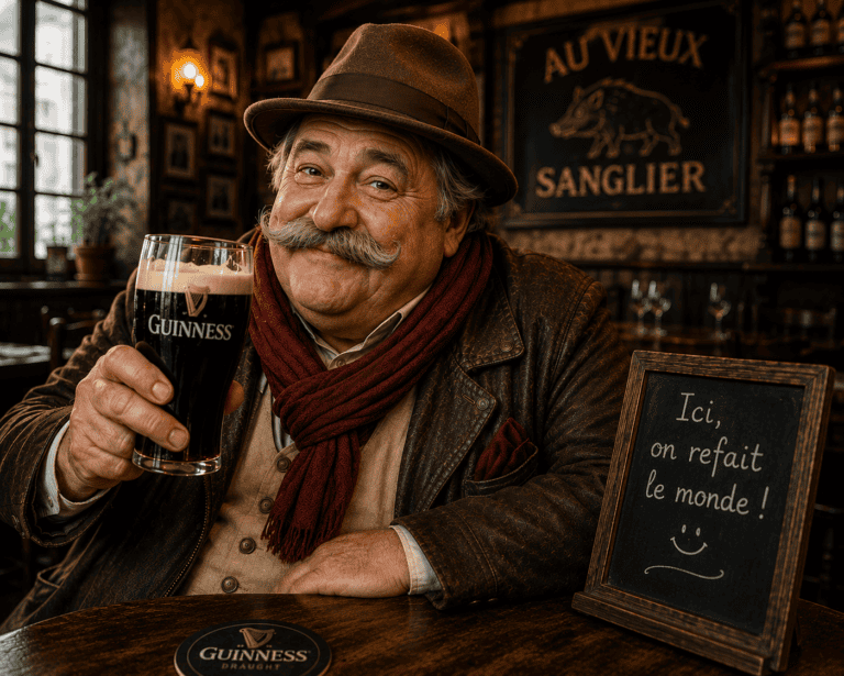 Le Ventru dégustant une Guinness au Vieux Sanglier, pub inspiré des cafés populaires et des traditions de convivialité entre l’Irlande et l’Auvergne