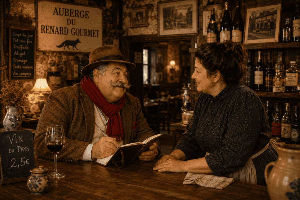 Le Ventru échangeant avec une patronne d'auberge dans l'Auberge du Renard Gourmet