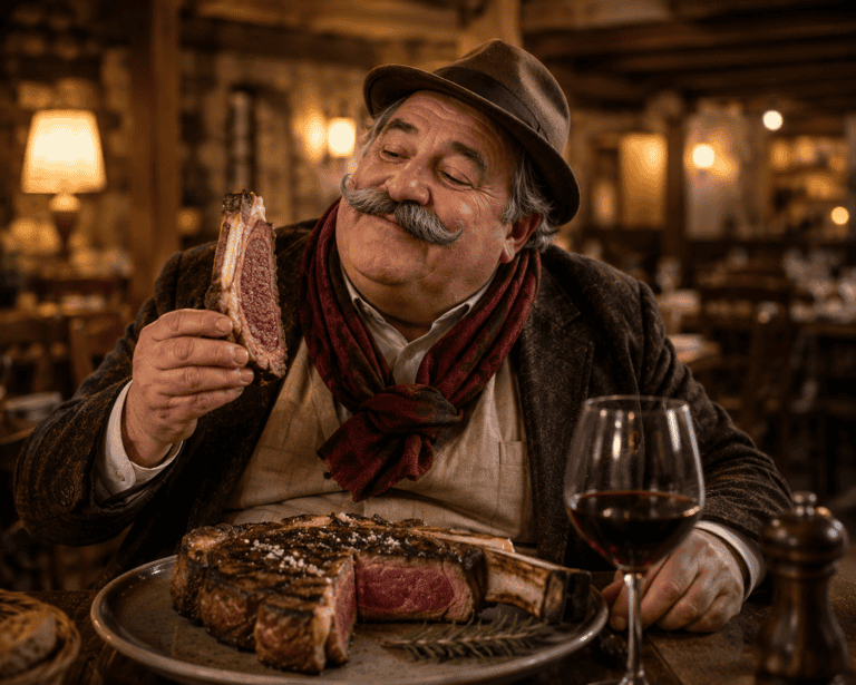 Le Ventru dégustant une côte de bœuf de race Angus dans une auberge traditionnelle à Chaudes-Aigues, mettant à l'honneur les grandes races bovines.