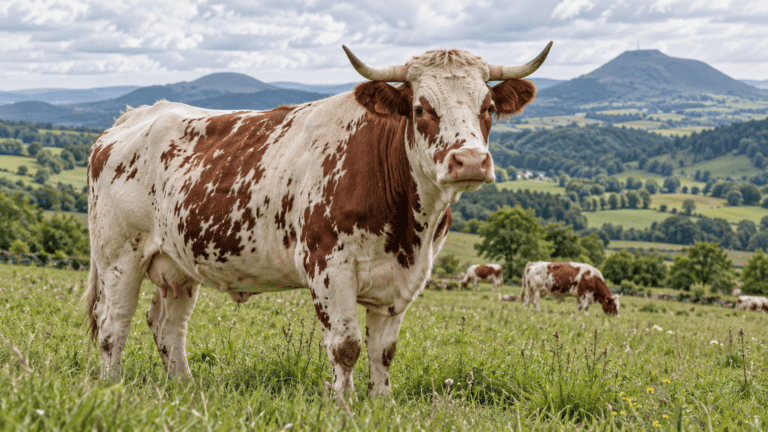 Vache Ferrandaise dans une prairie du Puy-de-Dôme