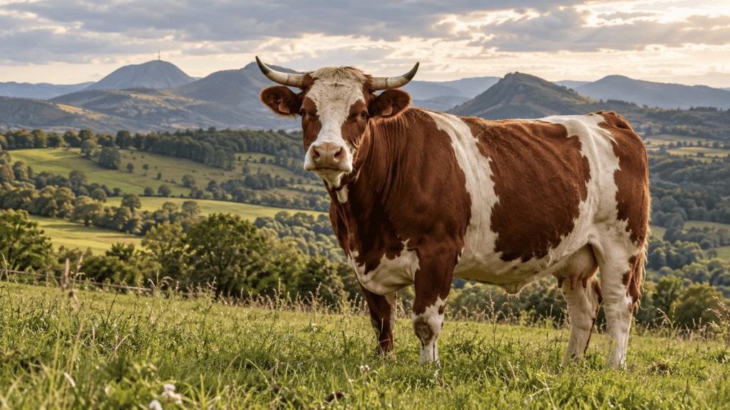 Vache Ferrandaise dans une prairie avec les reliefs volcaniques d’Auvergne en arrière-plan
